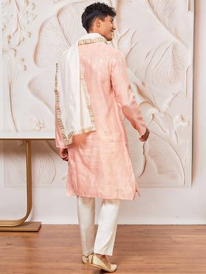 pink gold jacquard zari kurta with pyjama and lace border dupatta set | 3-piece regal festive ethnic wear 5