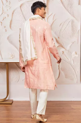 pink gold jacquard zari kurta with pyjama and lace border dupatta set | 3-piece regal festive ethnic wear