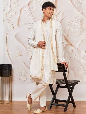 cream gold jacquard zari kurta with pyjama and lace border dupatta set | 3-piece traditional festive ethnic wear 1