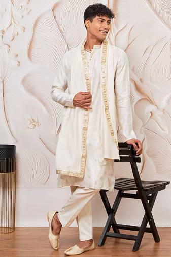 cream gold jacquard zari kurta with pyjama and lace border dupatta set | 3-piece traditional festive ethnic wear