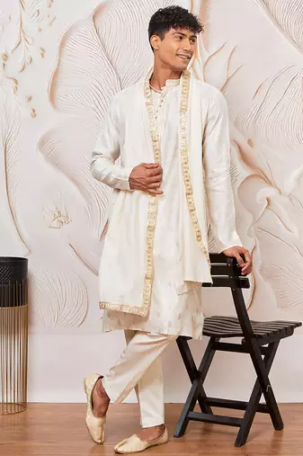 cream gold jacquard zari kurta with pyjama and lace border dupatta set | 3-piece traditional festive ethnic wear
