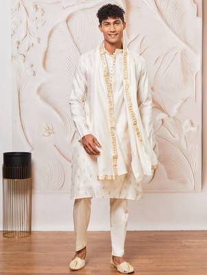 cream gold jacquard zari kurta with pyjama and lace border dupatta set | 3-piece traditional festive ethnic wear 2