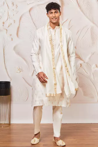 cream gold jacquard zari kurta with pyjama and lace border dupatta set | 3-piece traditional festive ethnic wear