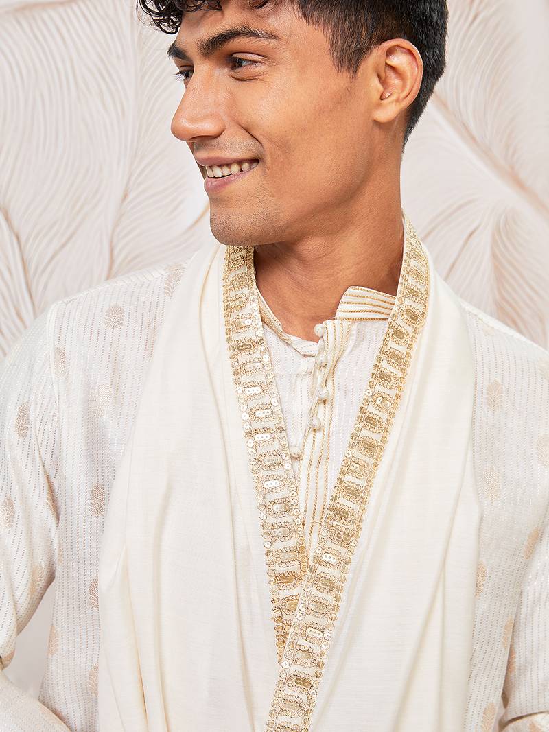 cream gold jacquard zari kurta with pyjama and lace border dupatta set | 3-piece traditional festive ethnic wear