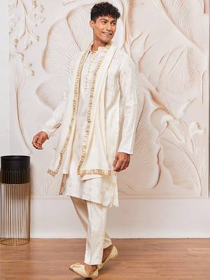 cream gold jacquard zari kurta with pyjama and lace border dupatta set | 3-piece traditional festive ethnic wear 4