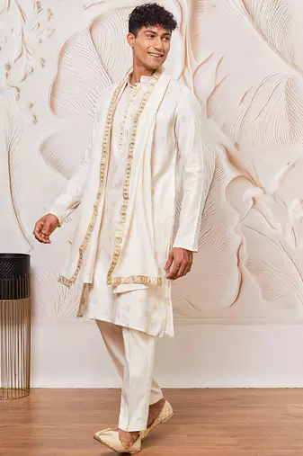 cream gold jacquard zari kurta with pyjama and lace border dupatta set | 3-piece traditional festive ethnic wear