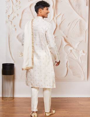 cream gold jacquard zari kurta with pyjama and lace border dupatta set | 3-piece traditional festive ethnic wear 5