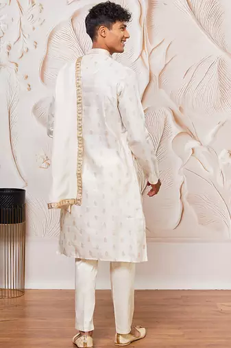 cream gold jacquard zari kurta with pyjama and lace border dupatta set | 3-piece traditional festive ethnic wear