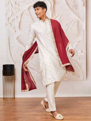 cream gold jacquard zari kurta with pyjama and maroon lace border dupatta set | 3-piece regal festive ethnic wear 1