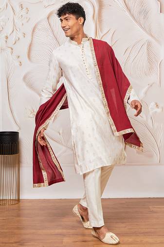 cream gold jacquard zari kurta with pyjama and maroon lace border dupatta set | 3-piece regal festive ethnic wear