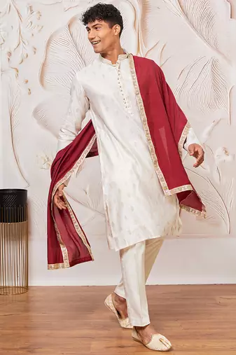 cream gold jacquard zari kurta with pyjama and maroon lace border dupatta set | 3-piece regal festive ethnic wear