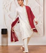 cream gold jacquard zari kurta with pyjama and maroon lace border dupatta set | 3-piece regal festive ethnic wear