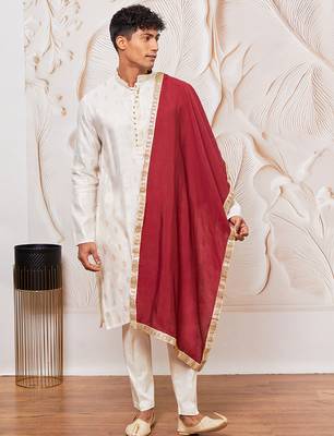 cream gold jacquard zari kurta with pyjama and maroon lace border dupatta set | 3-piece regal festive ethnic wear 2