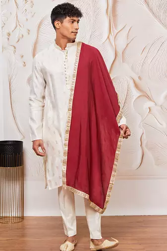 cream gold jacquard zari kurta with pyjama and maroon lace border dupatta set | 3-piece regal festive ethnic wear