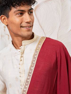 cream gold jacquard zari kurta with pyjama and maroon lace border dupatta set | 3-piece regal festive ethnic wear 3