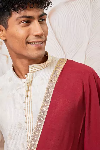 cream gold jacquard zari kurta with pyjama and maroon lace border dupatta set | 3-piece regal festive ethnic wear