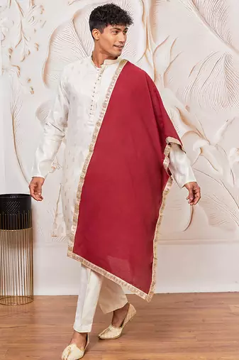cream gold jacquard zari kurta with pyjama and maroon lace border dupatta set | 3-piece regal festive ethnic wear
