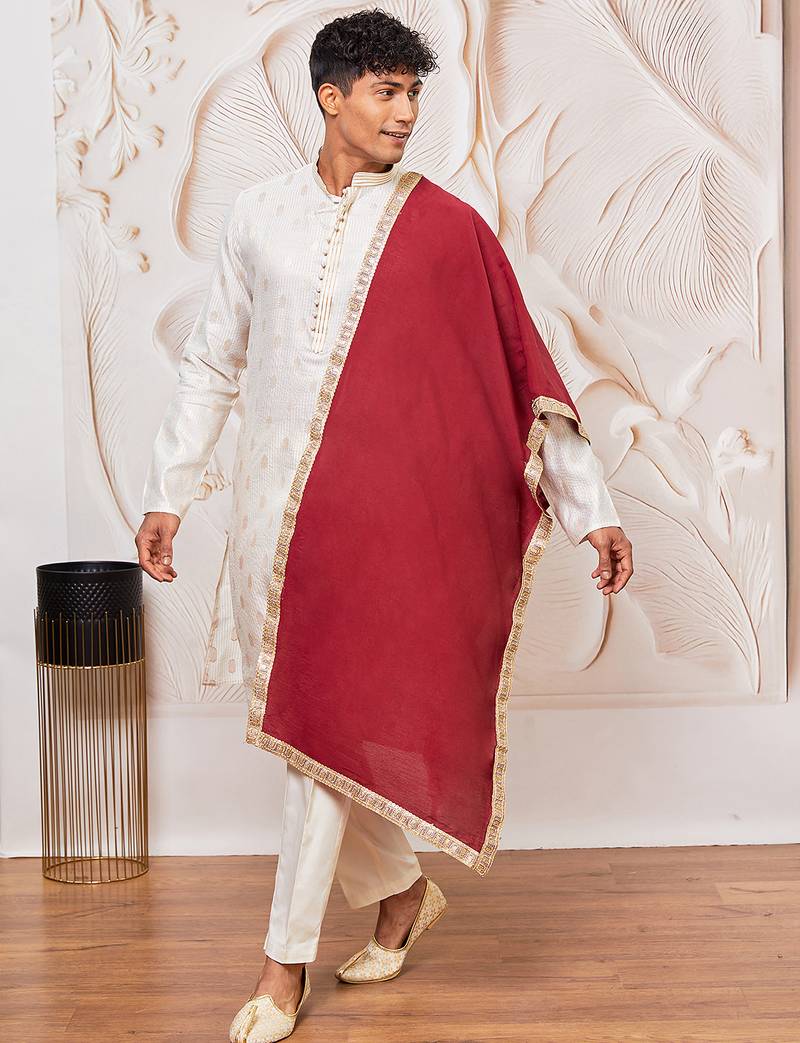 cream gold jacquard zari kurta with pyjama and maroon lace border dupatta set | 3-piece regal festive ethnic wear