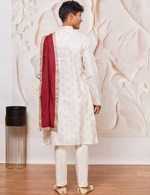 cream gold jacquard zari kurta with pyjama and maroon lace border dupatta set | 3-piece regal festive ethnic wear 5
