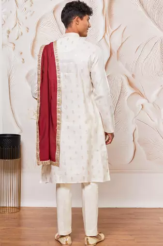 cream gold jacquard zari kurta with pyjama and maroon lace border dupatta set | 3-piece regal festive ethnic wear