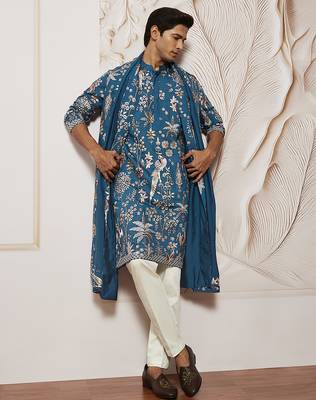 turquoise bird tree embroidered silk kurta with satin pyjama and dupatta set | 3-piece luxury festive ethnic wear 1