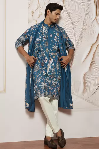 turquoise bird tree embroidered silk kurta with satin pyjama and dupatta set | 3-piece luxury festive ethnic wear