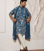 turquoise bird tree embroidered silk kurta with satin pyjama and dupatta set | 3-piece luxury festive ethnic wear