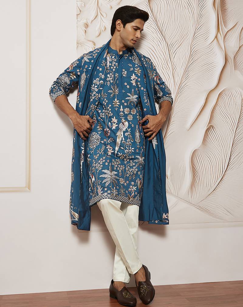 turquoise bird tree embroidered silk kurta with satin pyjama and dupatta set | 3-piece luxury festive ethnic wear