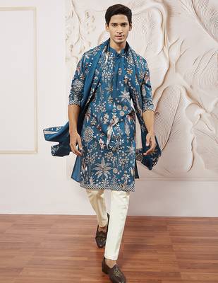 turquoise bird tree embroidered silk kurta with satin pyjama and dupatta set | 3-piece luxury festive ethnic wear 2