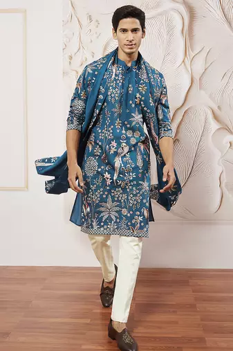 turquoise bird tree embroidered silk kurta with satin pyjama and dupatta set | 3-piece luxury festive ethnic wear