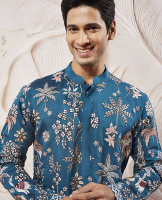 turquoise bird tree embroidered silk kurta with satin pyjama and dupatta set | 3-piece luxury festive ethnic wear 3