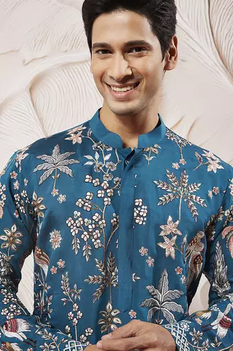 turquoise bird tree embroidered silk kurta with satin pyjama and dupatta set | 3-piece luxury festive ethnic wear