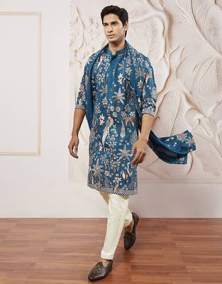 turquoise bird tree embroidered silk kurta with satin pyjama and dupatta set | 3-piece luxury festive ethnic wear 4