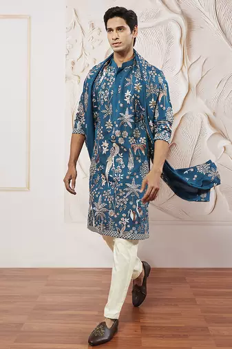 turquoise bird tree embroidered silk kurta with satin pyjama and dupatta set | 3-piece luxury festive ethnic wear