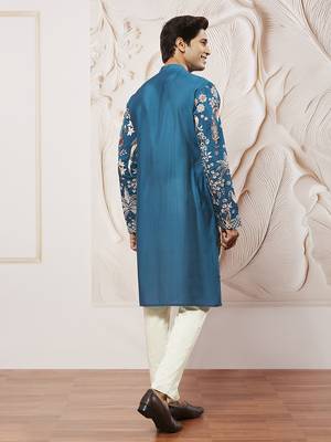 turquoise bird tree embroidered silk kurta with satin pyjama and dupatta set | 3-piece luxury festive ethnic wear 5
