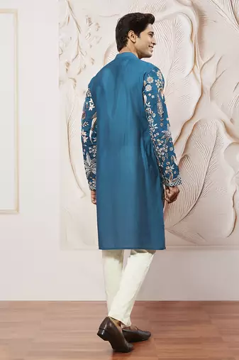 turquoise bird tree embroidered silk kurta with satin pyjama and dupatta set | 3-piece luxury festive ethnic wear