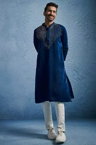 turquoise beaded silk blend kurta pyjama set | wedding festive wear