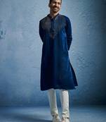 turquoise beaded silk blend kurta pyjama set | wedding festive wear