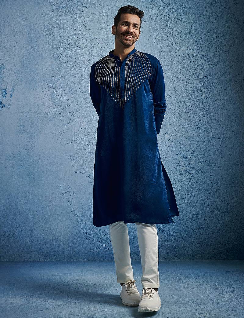 turquoise beaded silk blend kurta pyjama set | wedding festive wear