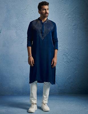 turquoise beaded silk blend kurta pyjama set | wedding festive wear 2