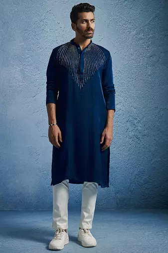 turquoise beaded silk blend kurta pyjama set | wedding festive wear