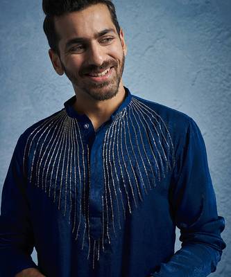 turquoise beaded silk blend kurta pyjama set | wedding festive wear 3