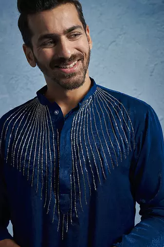 turquoise beaded silk blend kurta pyjama set | wedding festive wear