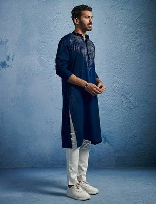 turquoise beaded silk blend kurta pyjama set | wedding festive wear 4
