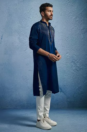 turquoise beaded silk blend kurta pyjama set | wedding festive wear