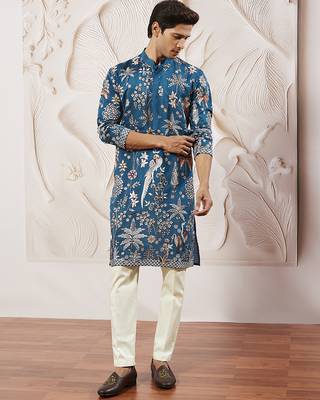 turquoise embroidered mercedes benz silk kurta pyjama set | wedding party wear 1