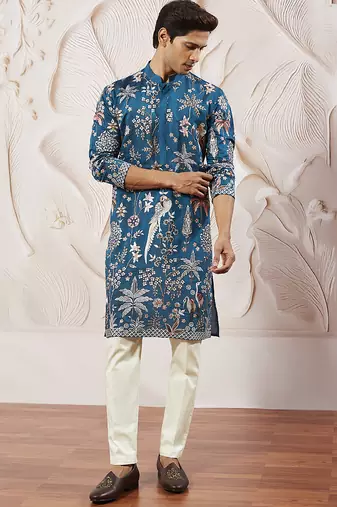 turquoise embroidered mercedes benz silk kurta pyjama set | wedding party wear