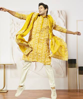 mustard floral embroidered georgette kurta with satin pyjama and dupatta set | 3-piece vibrant festive ethnic wear 1