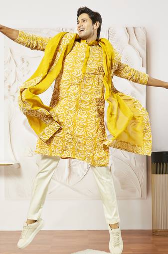 mustard floral embroidered georgette kurta with satin pyjama and dupatta set | 3-piece vibrant festive ethnic wear