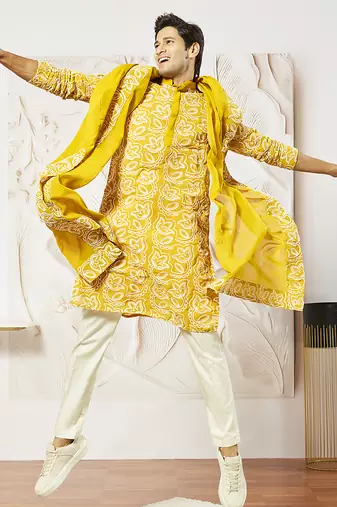 mustard floral embroidered georgette kurta with satin pyjama and dupatta set | 3-piece vibrant festive ethnic wear